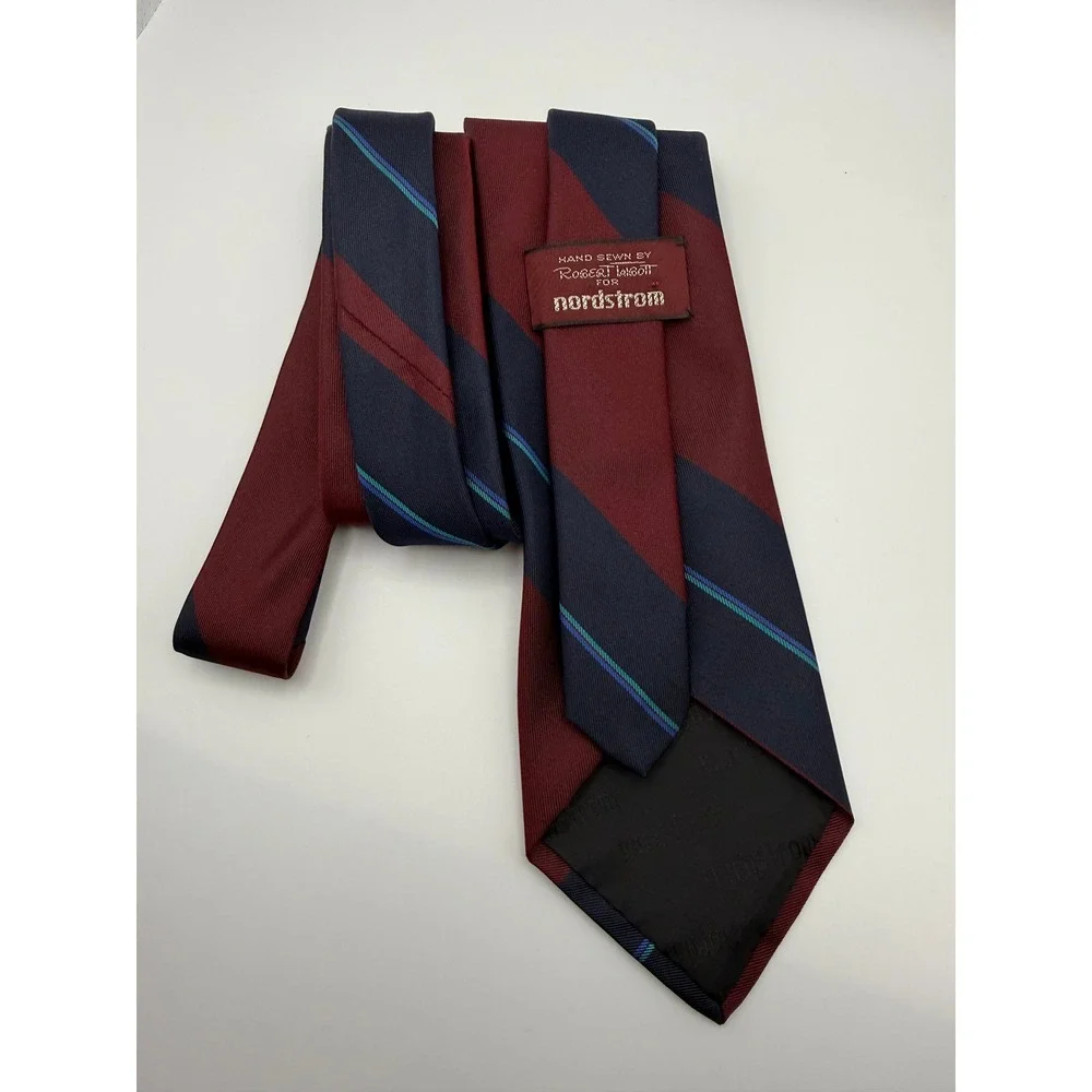 Robert Talbott Necktie OS Burgundy Navy Stripe Preppy Ivy League Dark Academia